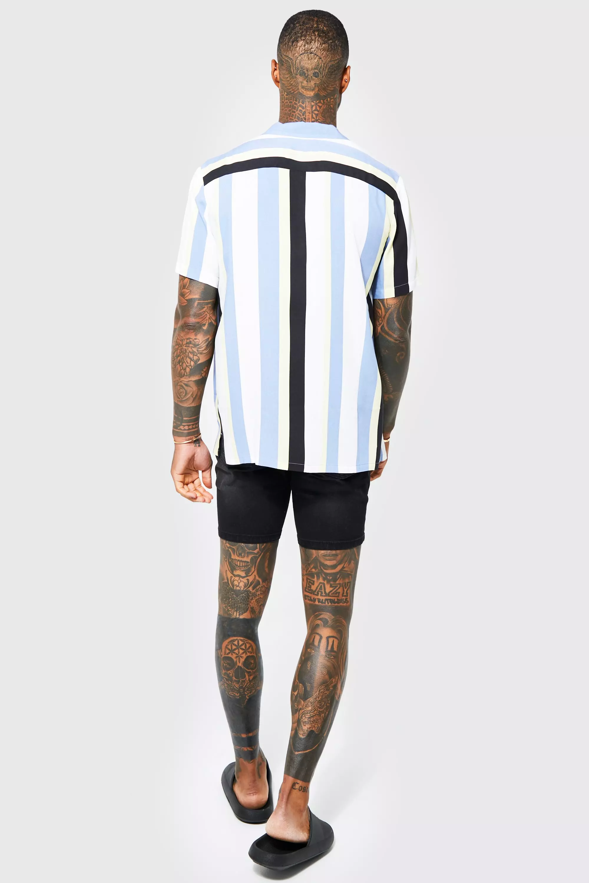 Short Sleeve Revere Stripe Viscose Shirt | boohooMAN USA